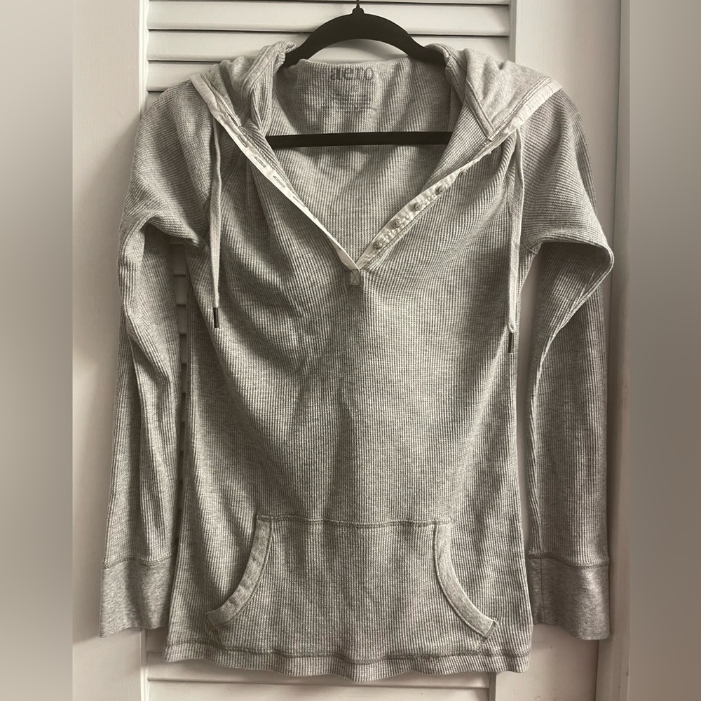 Aero XL Women’s Hooded Waffle Thermal 3/4 Neckline Tiny Snaps, Front Pockets